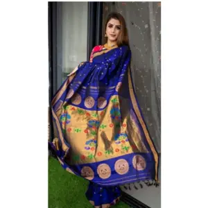 Women's Silk Printed Saree with Blouse – Blue