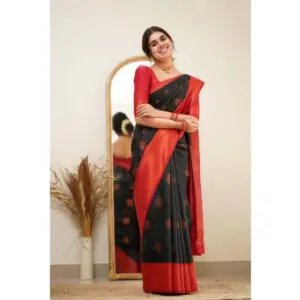 Women's Silk Printed Saree with Blouse – Black