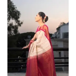 Women's Silk Printed Saree with Blouse – White-Pink