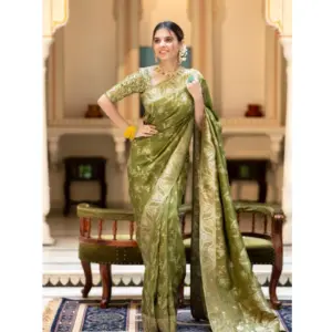 Women's Silk Printed Saree with Blouse – Olive Green