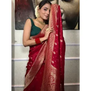 Women's Silk Printed Saree with Blouse – Red