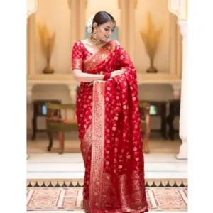 Women's Silk Printed Saree with Blouse – Red