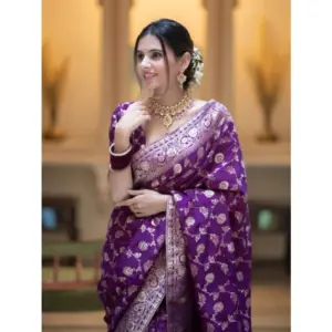 Women's Silk Printed Saree with Blouse – Purple