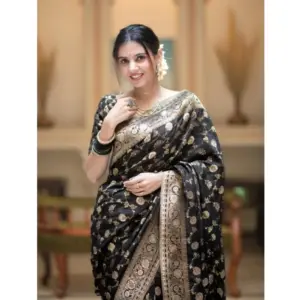 Women's Silk Printed Saree with Blouse – Black