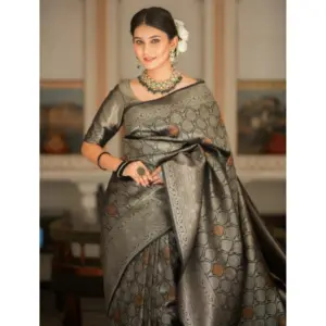 Women's Silk Printed Saree with Blouse – Black