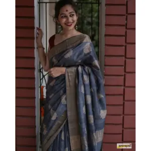 Women's Silk Printed Saree with Blouse – Grey