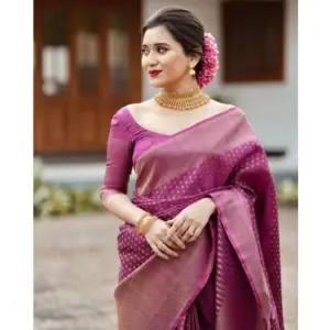 Women's Silk Printed Saree with Blouse – Purple