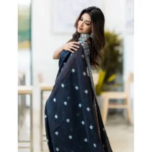 Women's Cotton Printed Saree with Blouse – Black