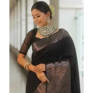 Women's Silk Printed Saree with Blouse – Black