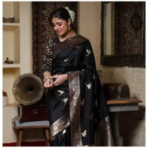 Women's Silk Printed Saree with Blouse – Black
