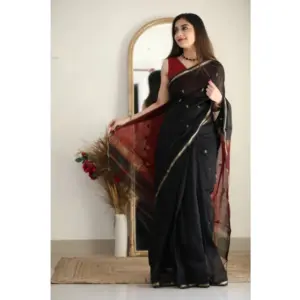 Women's Cotton Printed Saree with Blouse – Black
