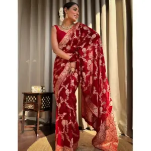 Women's Silk Printed Saree with Blouse – Red