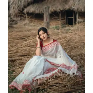 Women's Cotton Printed Saree with Blouse – White-Red