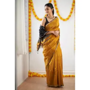 Women's Cotton Printed Saree with Blouse – Yellow