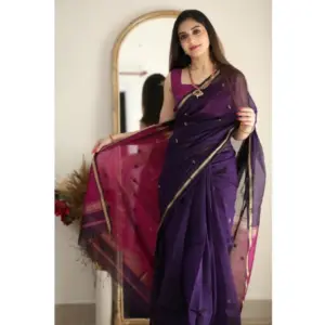Women's Cotton Printed Saree with Blouse – Navy Blue