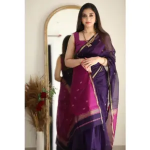 Women's Cotton Printed Saree with Blouse – Navy Blue