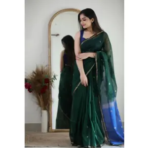 Women's Cotton Printed Saree with Blouse – Green