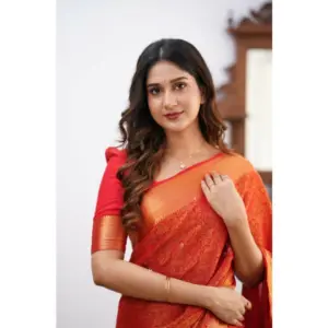 Women's Silk Printed Saree with Blouse – Orange