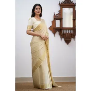 Women's Silk Printed Saree with Blouse – Cream