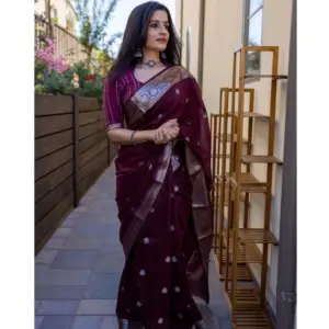 Women's Cotton Printed Saree with Blouse – Maroon