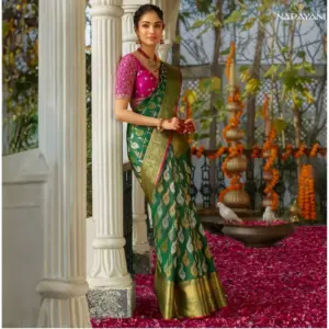 Women's Silk Printed Saree with Blouse – Green