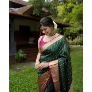 Women's Silk Printed Saree with Blouse – Green