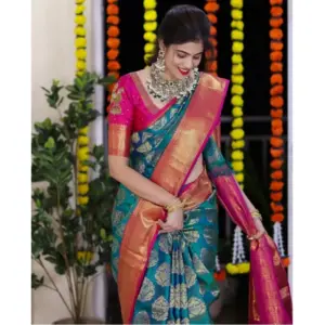 Women's Silk Printed Saree with Blouse – Teal Blue