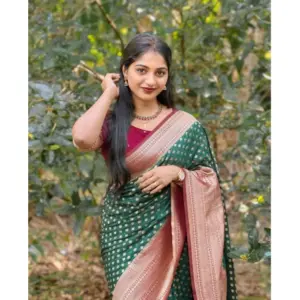 Women's Silk Printed Saree with Blouse – Green-Red