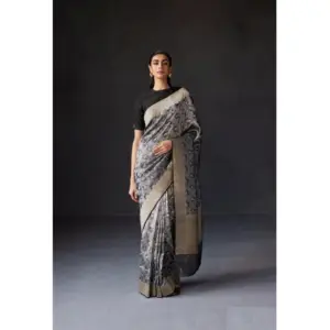 Women's Silk Printed Saree with Blouse – Grey