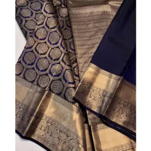 Women's Silk Printed Saree with Blouse – Navy Blue