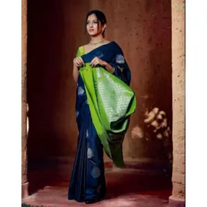 Women's Silk Printed Saree with Blouse – Navy Blue