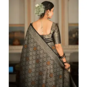 Women's Silk Printed Saree with Blouse – Black