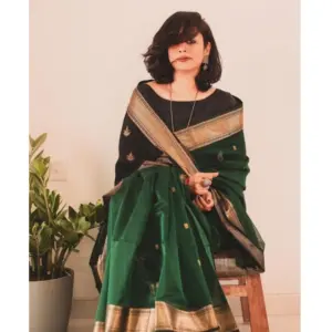 Women's Silk Printed Saree with Blouse – Dark Green