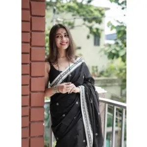 Women's Cotton Printed Saree with Blouse – Black
