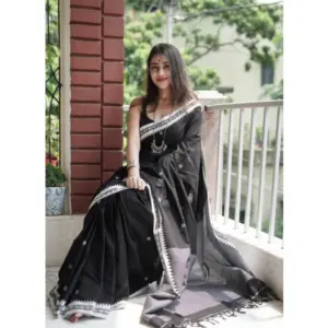 Women's Cotton Printed Saree with Blouse – Black
