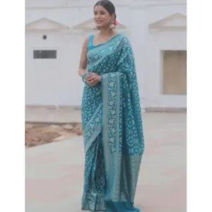 Women's Silk Printed Saree with Blouse – Sky Blue