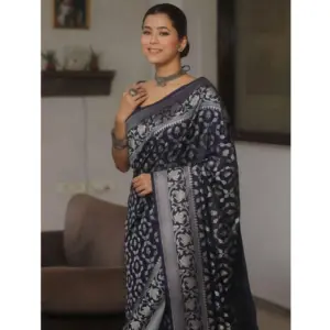 Women's Silk Printed Saree with Blouse – Navy Blue