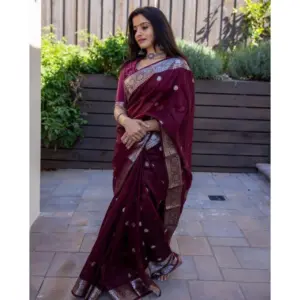 Women's Cotton Printed Saree with Blouse – Maroon