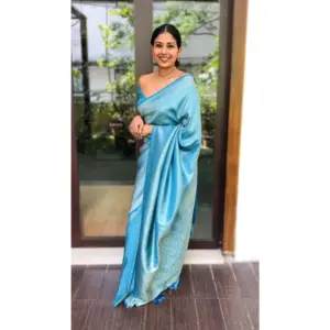 Women's Silk Printed Saree with Blouse – Sky Blue