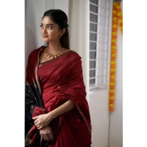 Women's Cotton Printed Saree with Blouse – Red