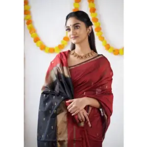 Women's Cotton Printed Saree with Blouse – Red