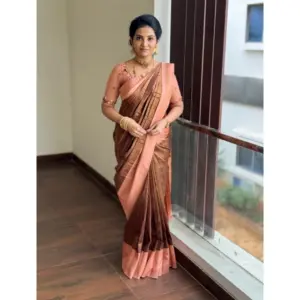 Women's Silk Printed Saree with Blouse – Brown