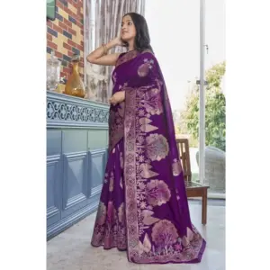 Women's Silk Printed Saree with Blouse – Purple