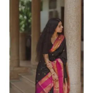 Women's Silk Printed Saree with Blouse – Black-Pink