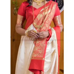 Women's Silk Printed Saree with Blouse – White-Red