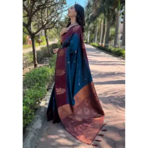Women's Silk Printed Saree with Blouse – Blue
