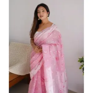 Women's Cotton Printed Saree with Blouse – Pink