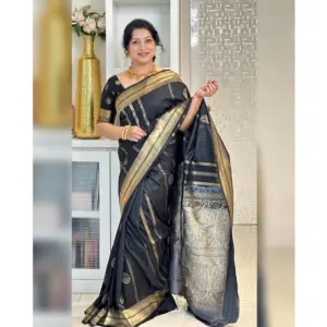 Women's Silk Printed Saree with Blouse – Black