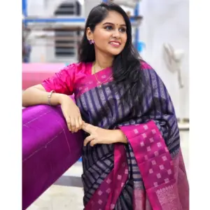 Women's Silk Printed Saree with Blouse – Navy Blue
