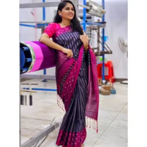 Women's Silk Printed Saree with Blouse – Navy Blue
